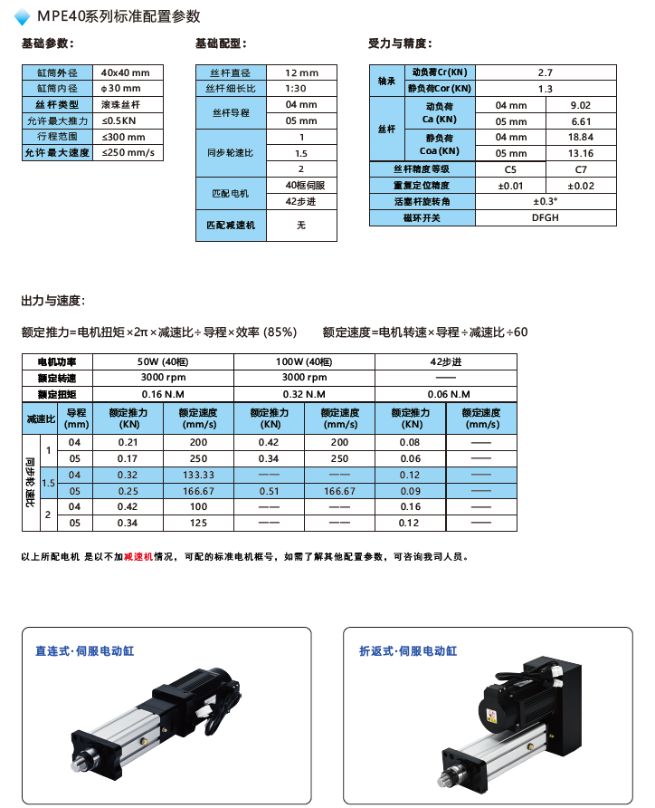 MPE40電動(dòng)缸標準配置參數
